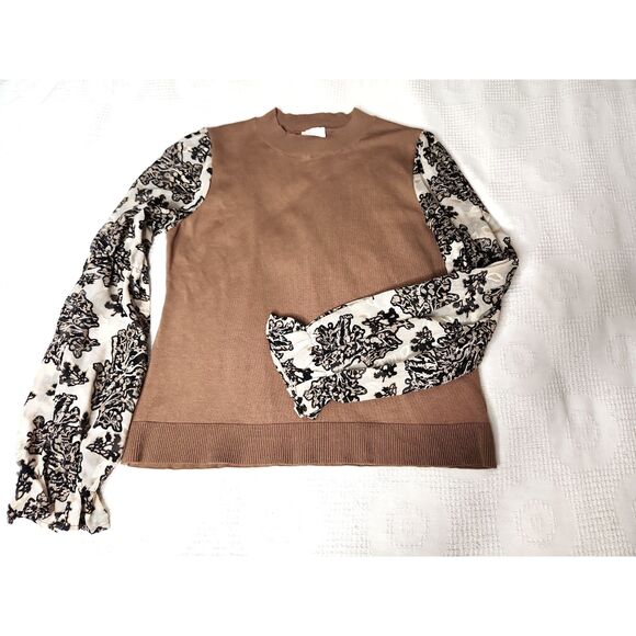 Vintage Women Brown Knit Pullover Sweater Sheer Sleeves Sz. L Floral Boho - Picture 7 of 7